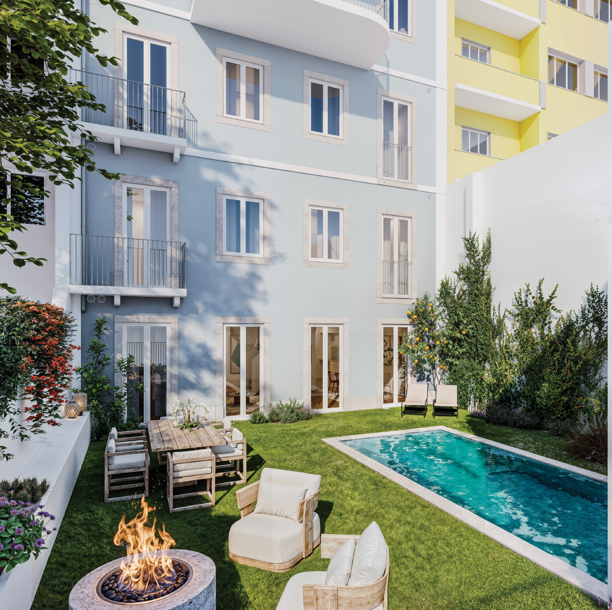 Jardim e piscina do apartamento T3 Duplex