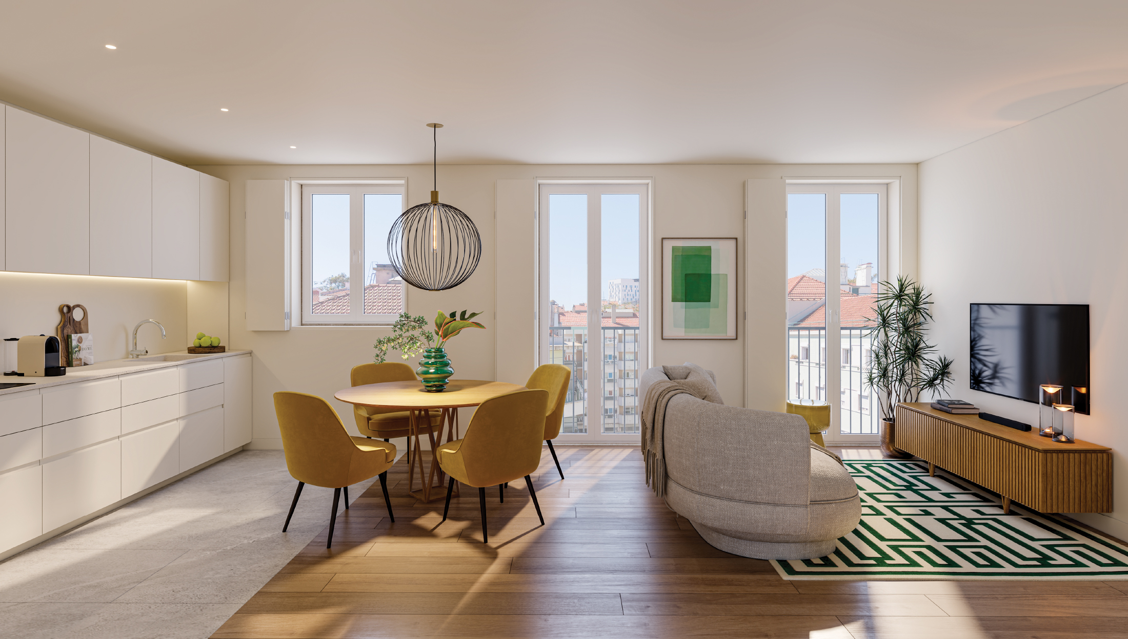 Cozinha e sala de um apartamento T2