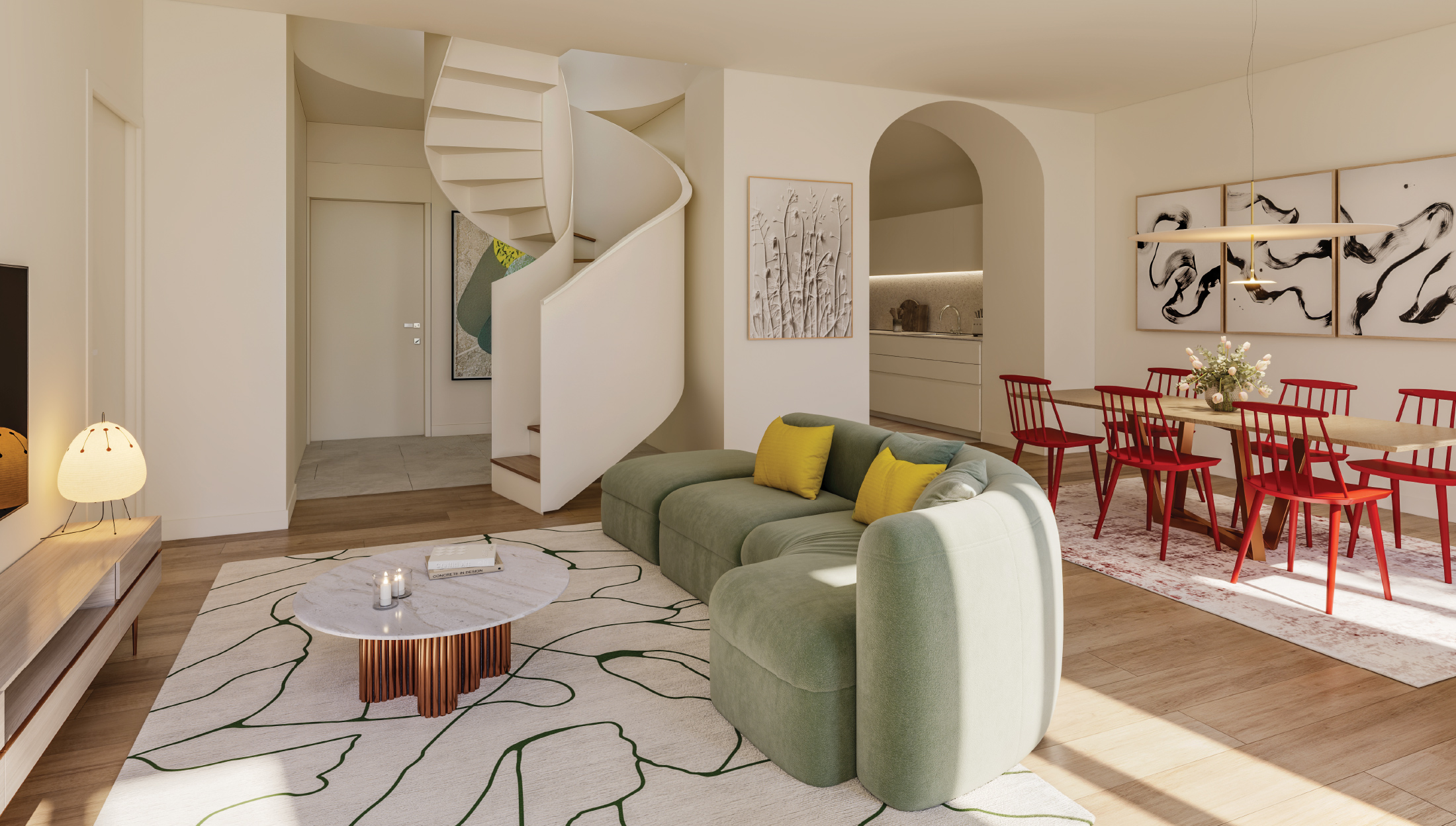 Sala com escada em caracol do apartamento T3 Duplex